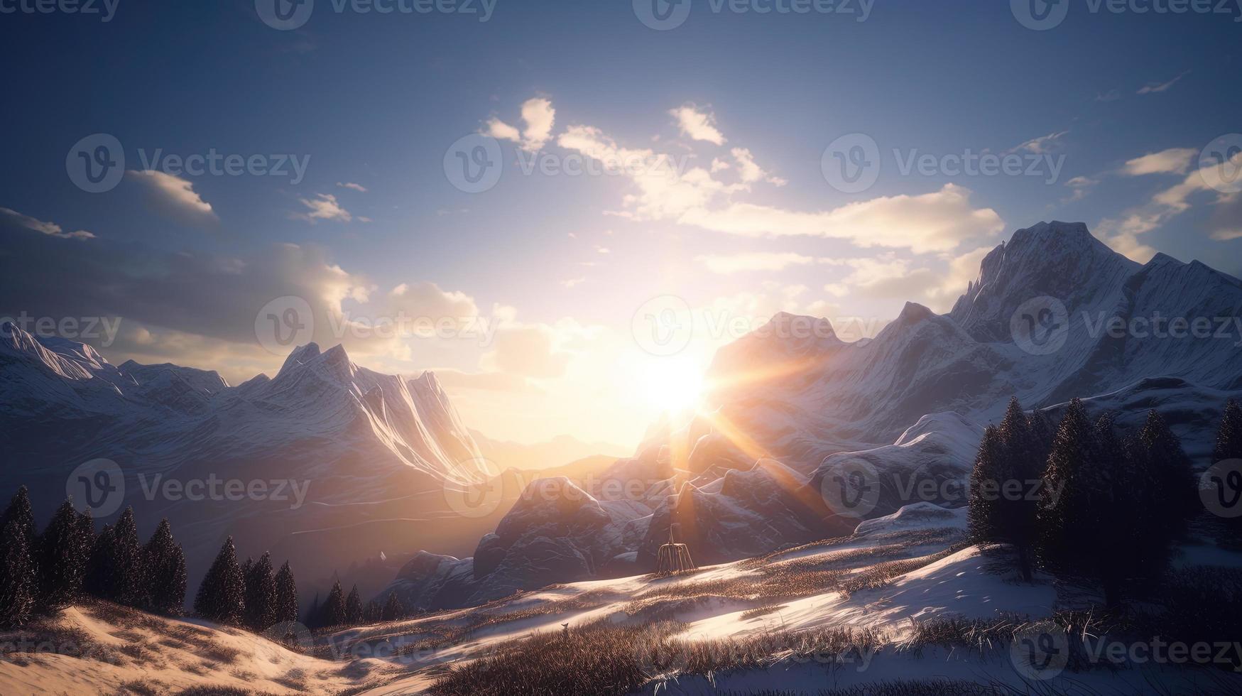 solnedgång i de berg. soluppgång i de berg. skön vinter- landskap, berg landskap på solnedgång. panorama- se av de bergen foto