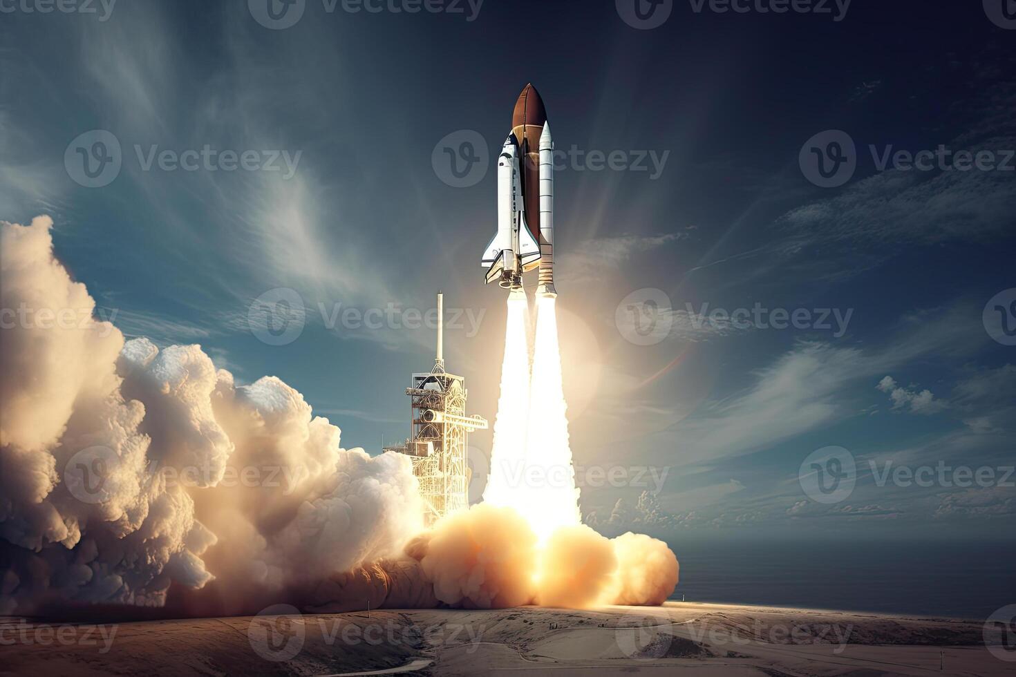 raket lansera från kosmodrom. bekämpa av Plats raket i blå himmel. Plats uppdrag. Plats shuttle ta av. skapas med generativ ai foto