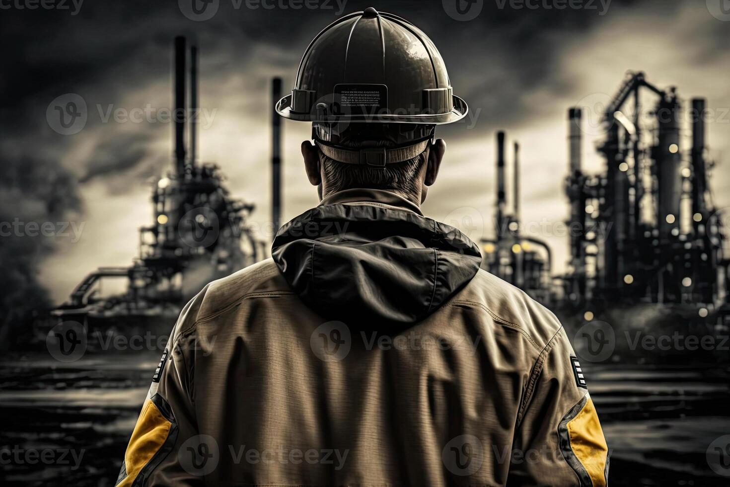 tillbaka se av industriell arbetstagare bär skyddande enhetlig och säkerhet hjälm stående nära tung industri fabrik. skapas med generativ ai foto