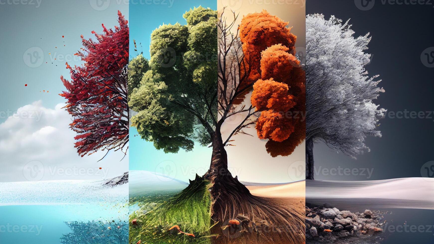 fyra säsonger med vår, sommar, höst, vinter. träd skön för din design med generativ ai foto