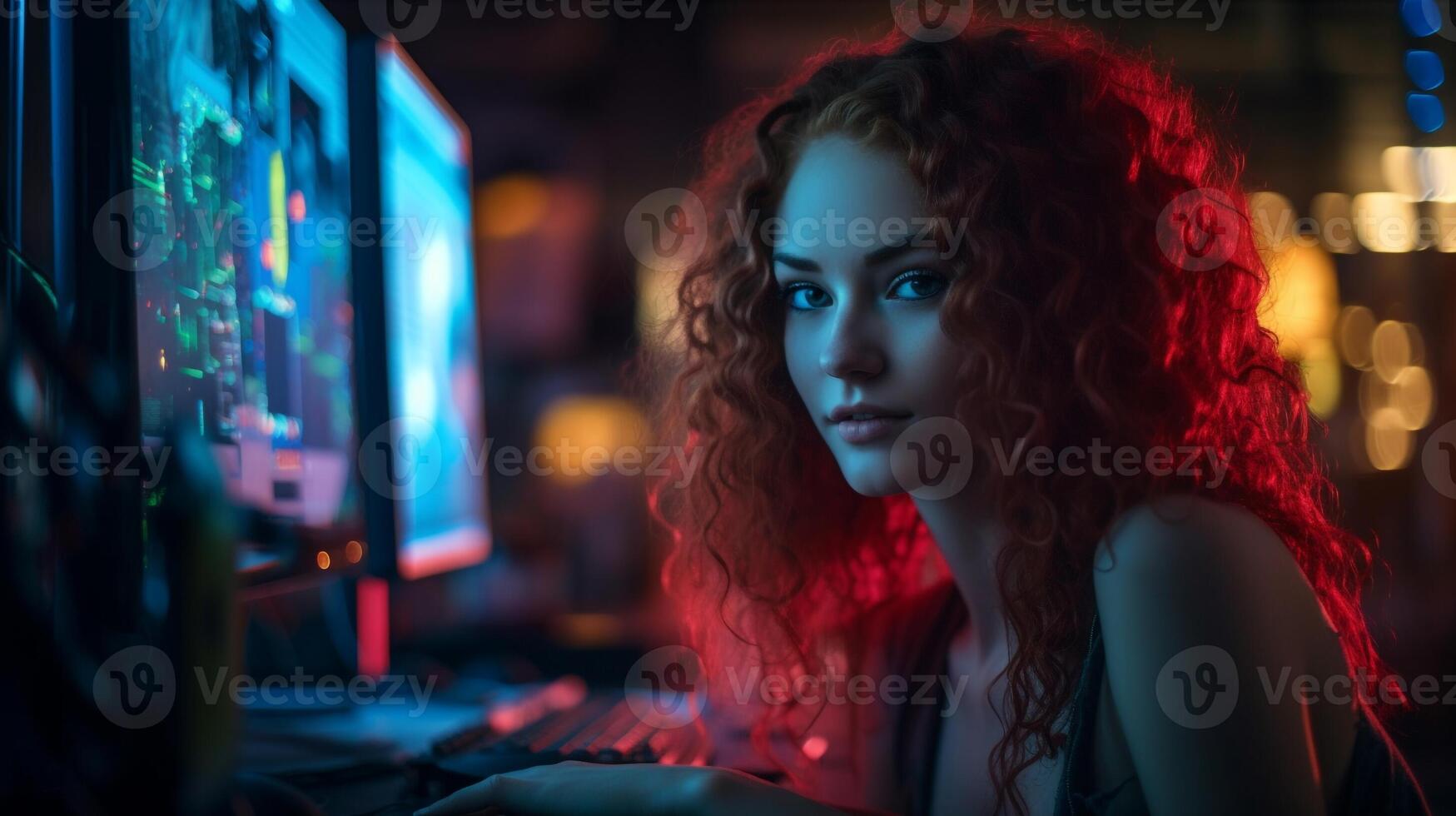 skön rödhårig flicka i pc gaming arena. ai genererad illustration foto