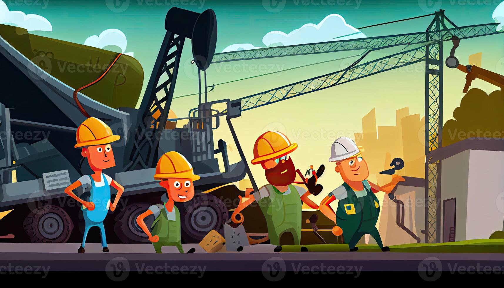 tecknad serie scen med konstruktion arbetare arbetskraft dag och de betydelse av arbetare ai genererad foto