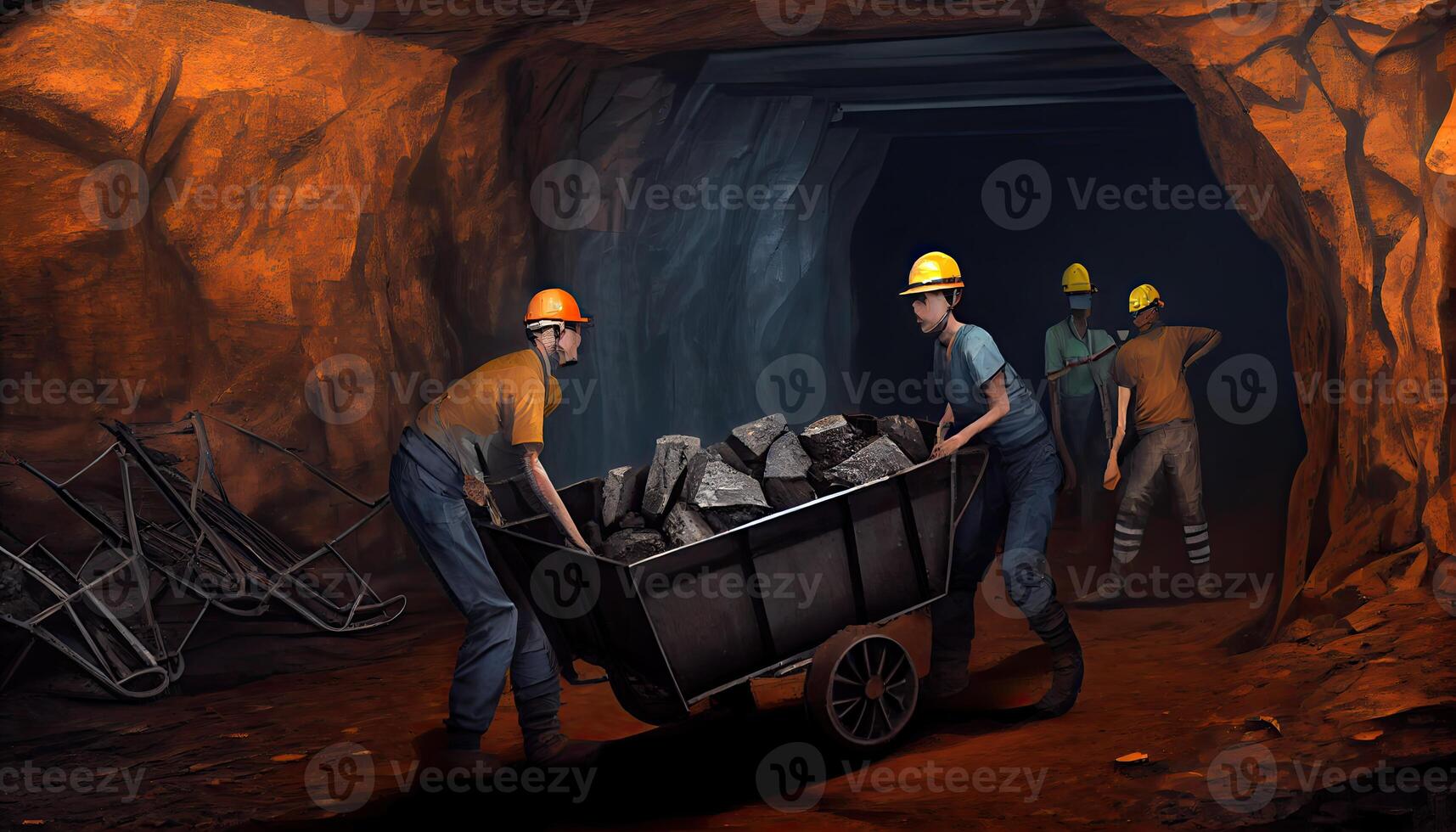 underjordisk brytning kol brytning i mina gruvarbetare i underjordisk mina på kol brytning arbete. mina arbetare på underjordisk hårdrock arbetskraft dag ai genererad foto