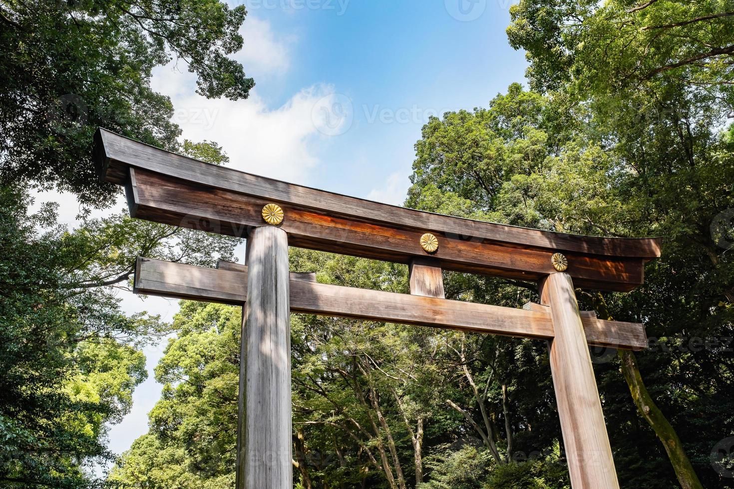trä torii gateway, den traditionella japanska porten vid shinto-helgedomen, meiji-jingu i tokyo, japan. foto