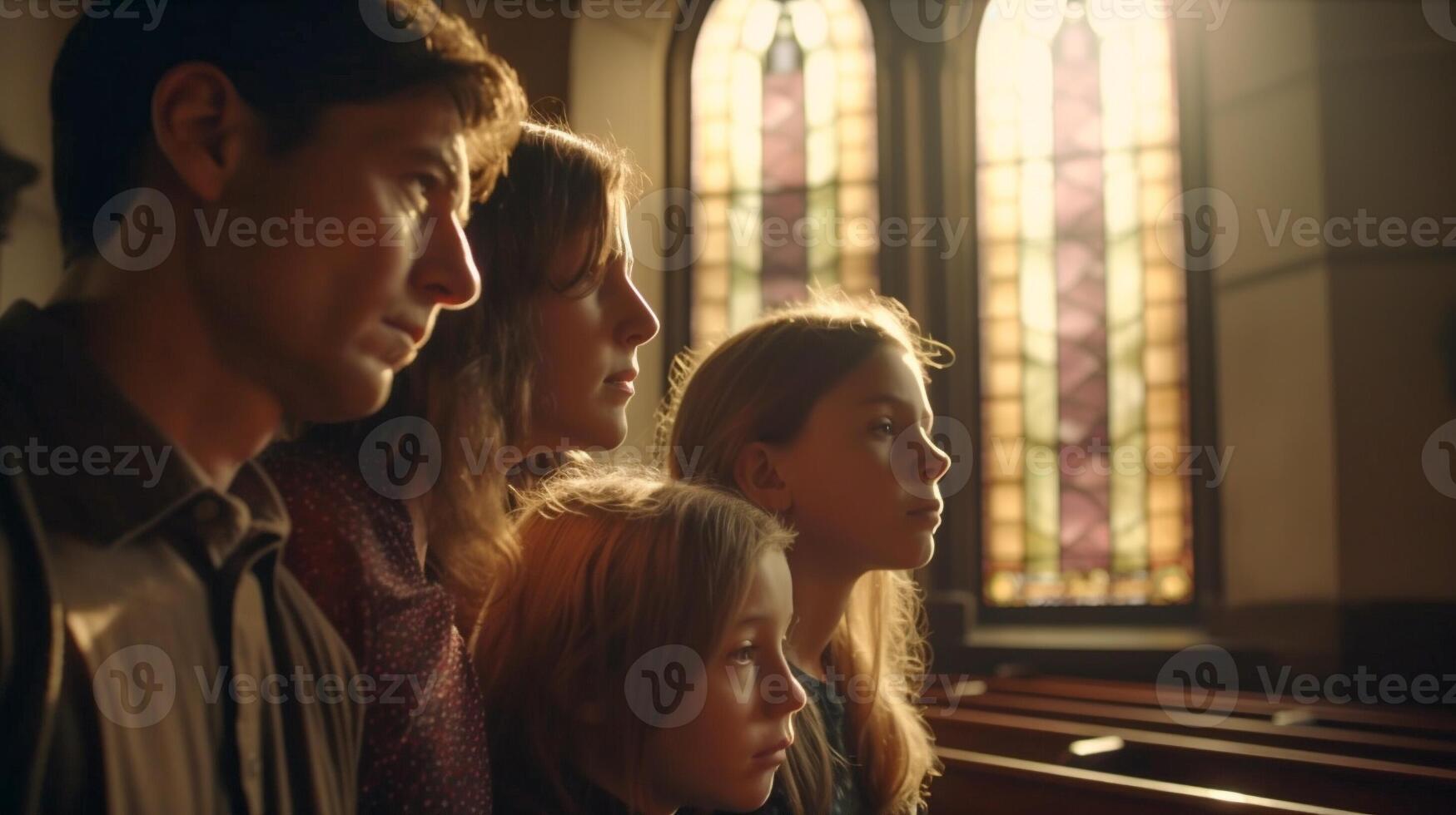 ung andlig familj på kyrka med skön färgade glas fönster - generatvie ai. foto