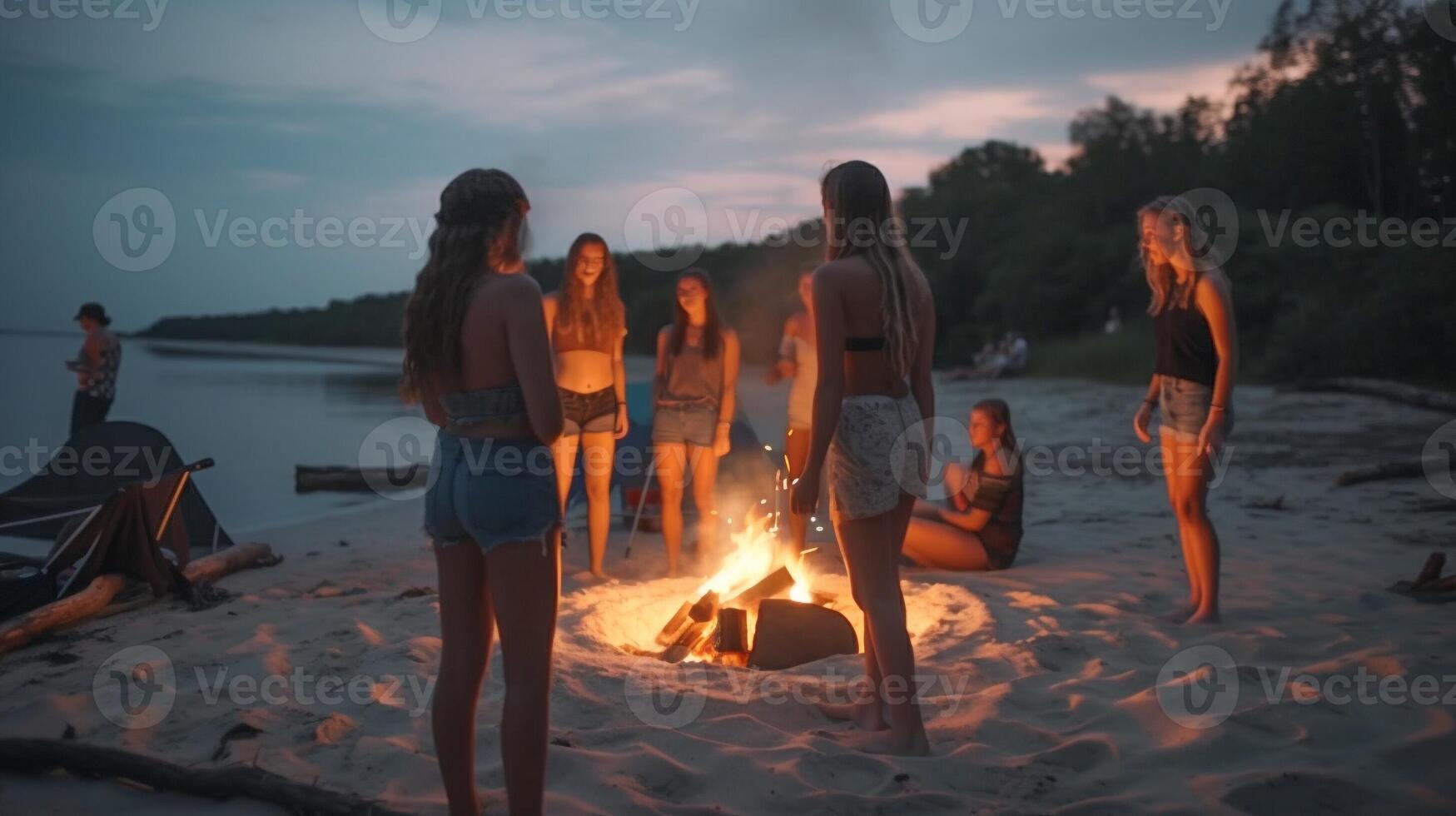 ung vuxna har roligt njut av de bål på de strand - generatvie ai. foto