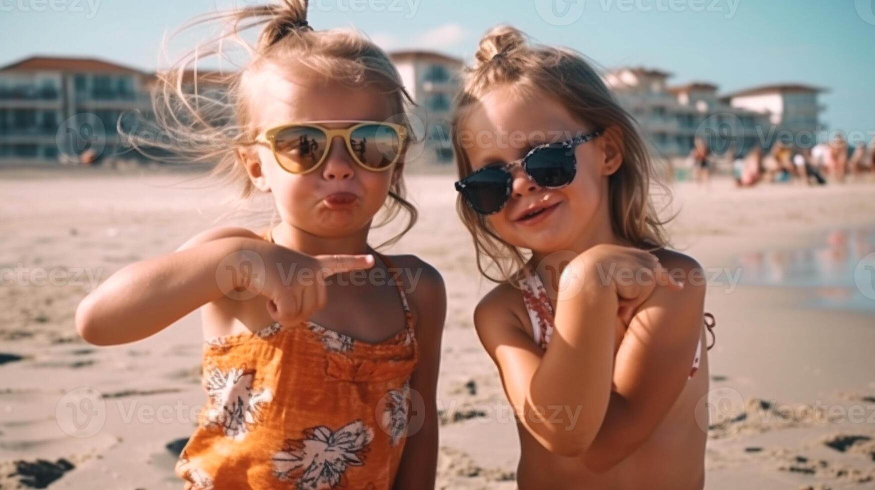 två ung flick Framställ bär solglasögon har roligt på de strand - generatvie ai. foto