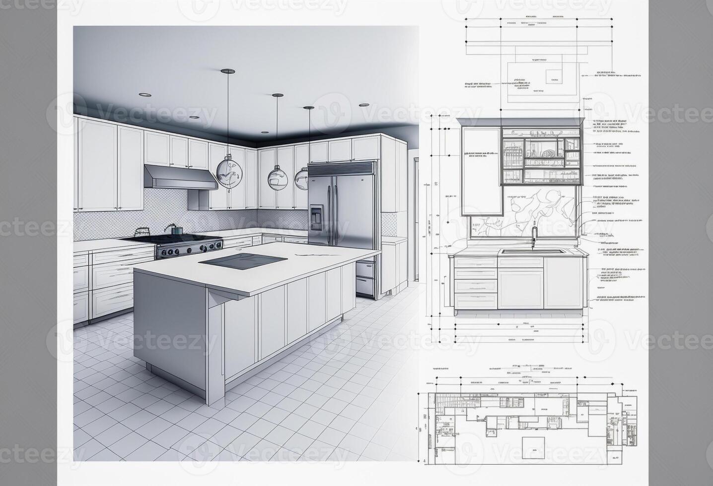 arkitektonisk teckning med falsk text och beskrivningar av en beställnings- kök - generativ ai. foto