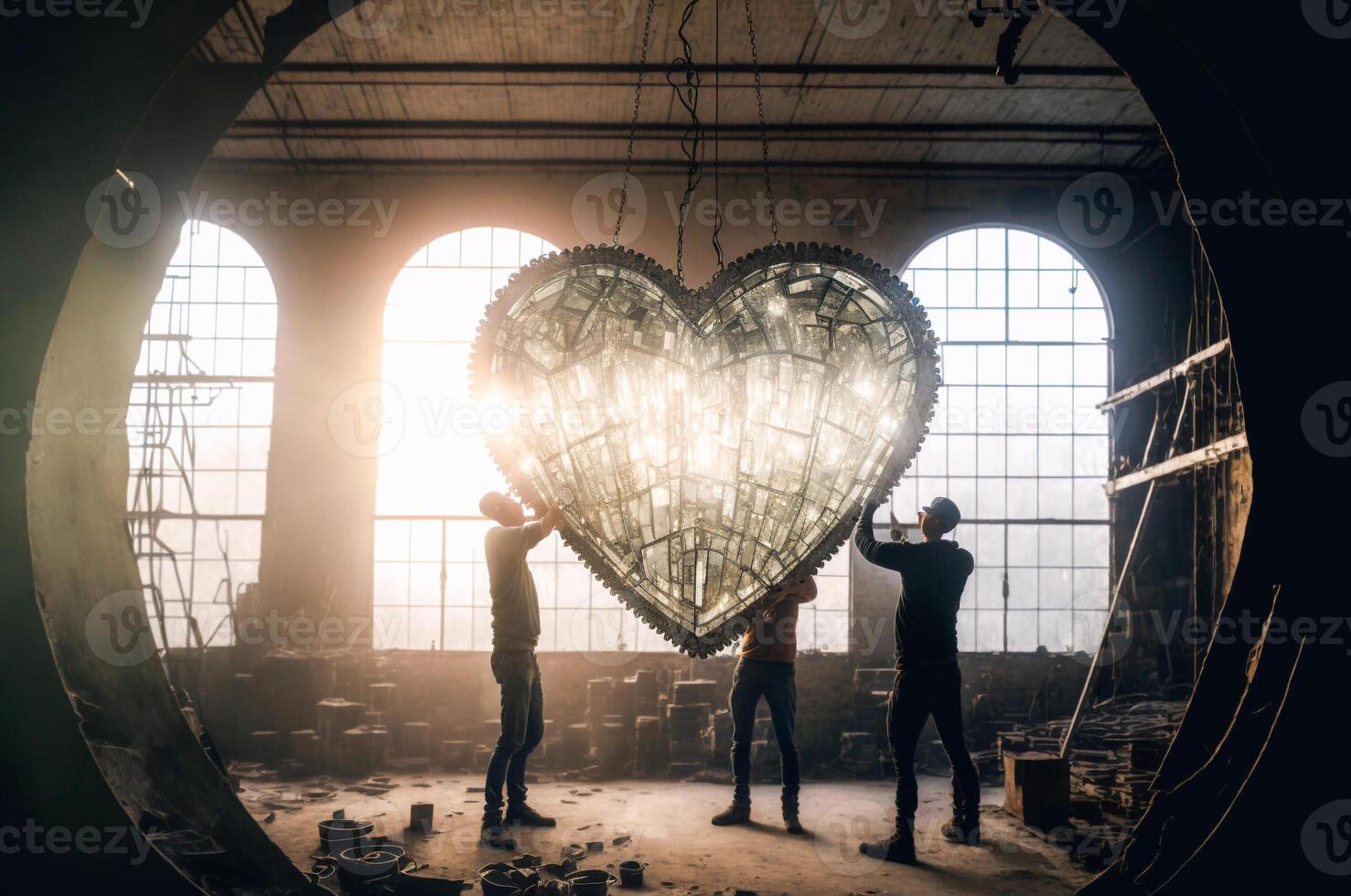tre män reparation bruten järn och glas hjärta formad produkt hängande i fabrik - generativ ai. foto