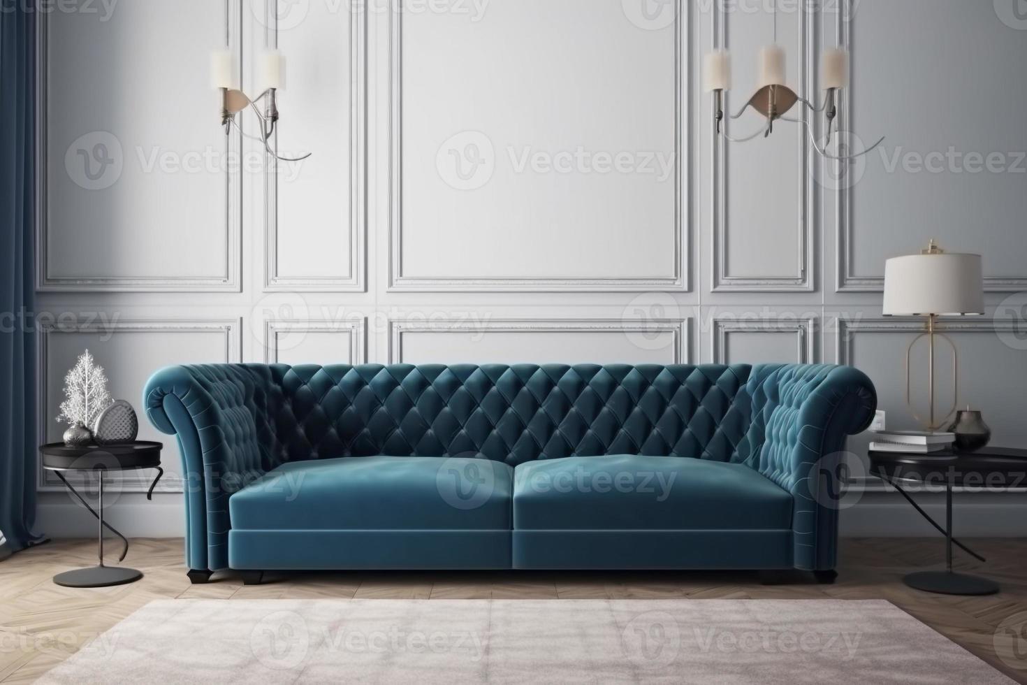en blå soffa i en levande rum med en blå vägg Bakom den ai generera foto