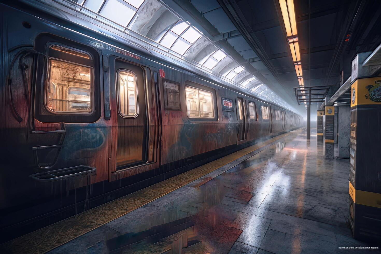 metro tåg lämnar de tunnelbana station, ai genererad foto