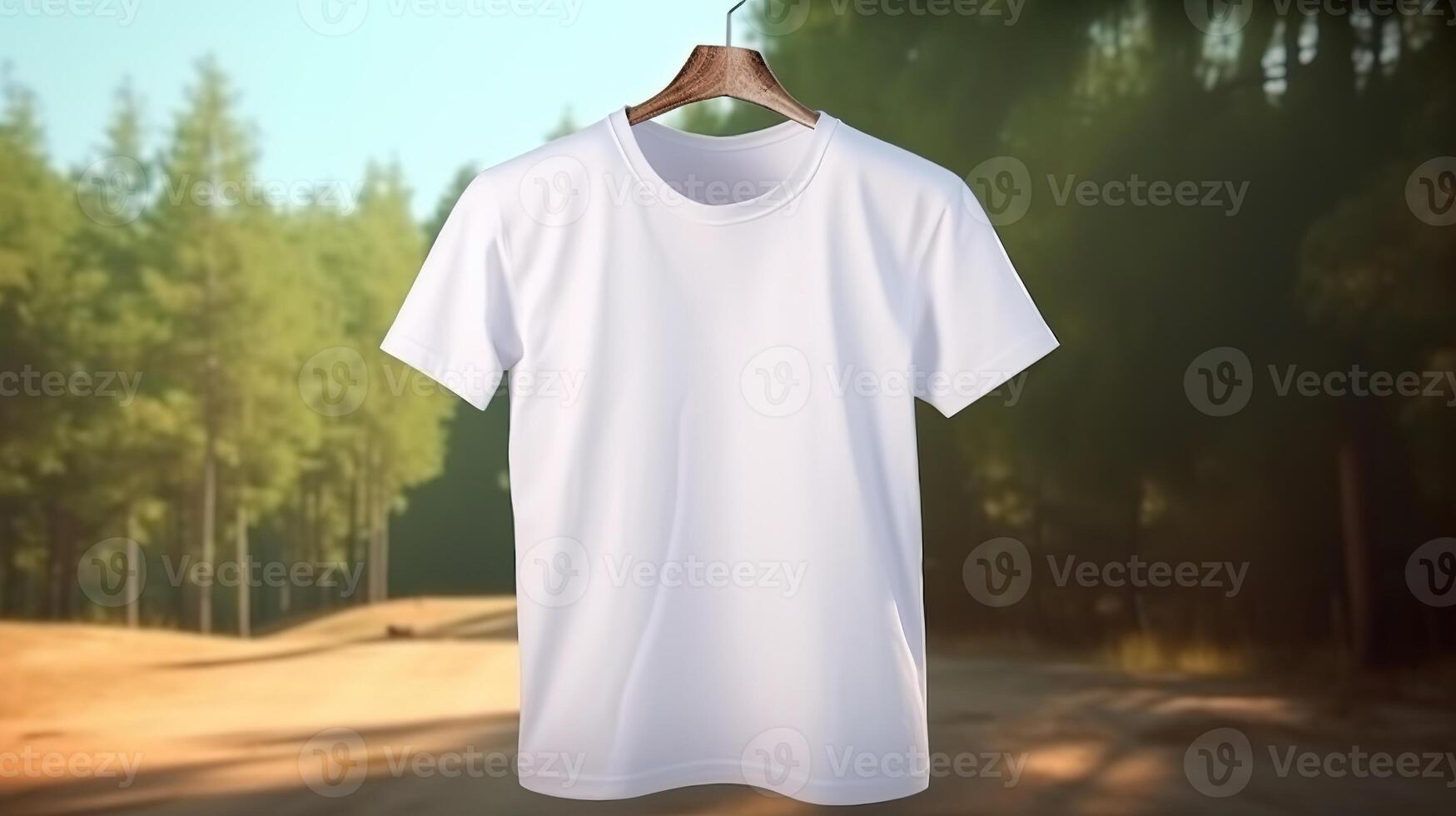 generativ ai, realistisk vit t-shirt falsk upp tom på bakgrund med växter för presentation reklam. tom företag begrepp, camping, utomhus- och skog foto