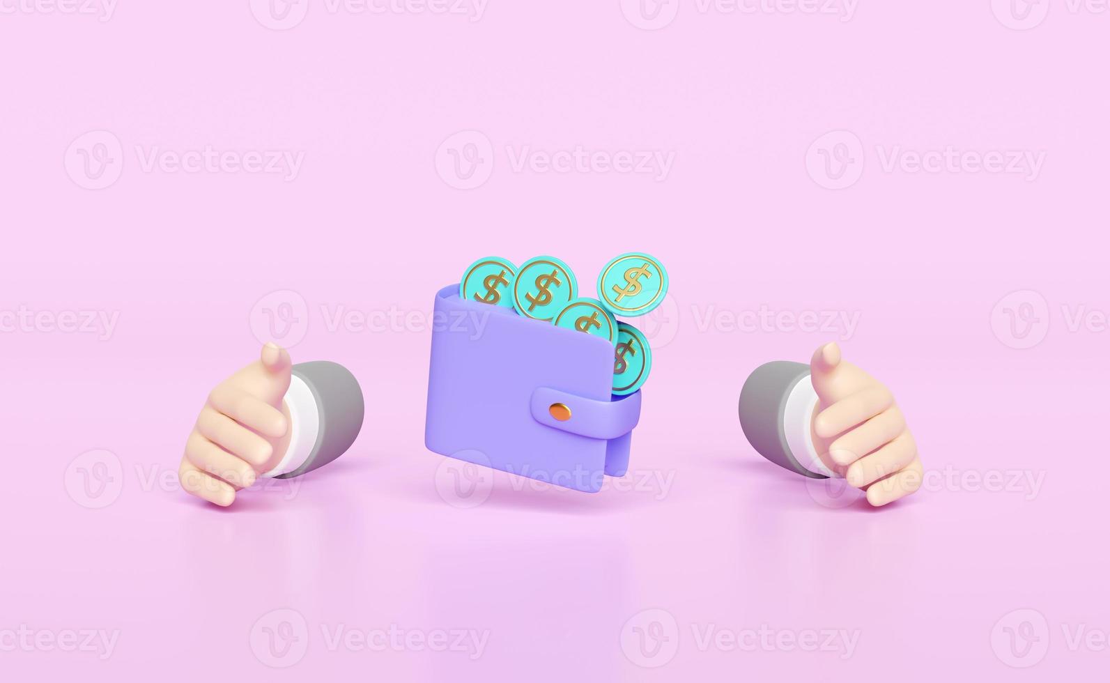 affärsman händer skyddande pengar dollar mynt, lila plånbok isolerat på rosa bakgrund. sparande pengar företag skydd begrepp, minimal abstrakt, 3d framställa illustration foto