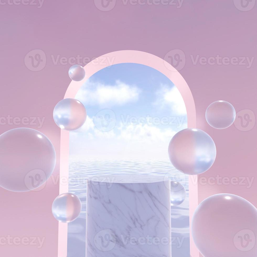 rosa bakgrund med podium på de vatten. realistisk tolkning 3d illustration. foto