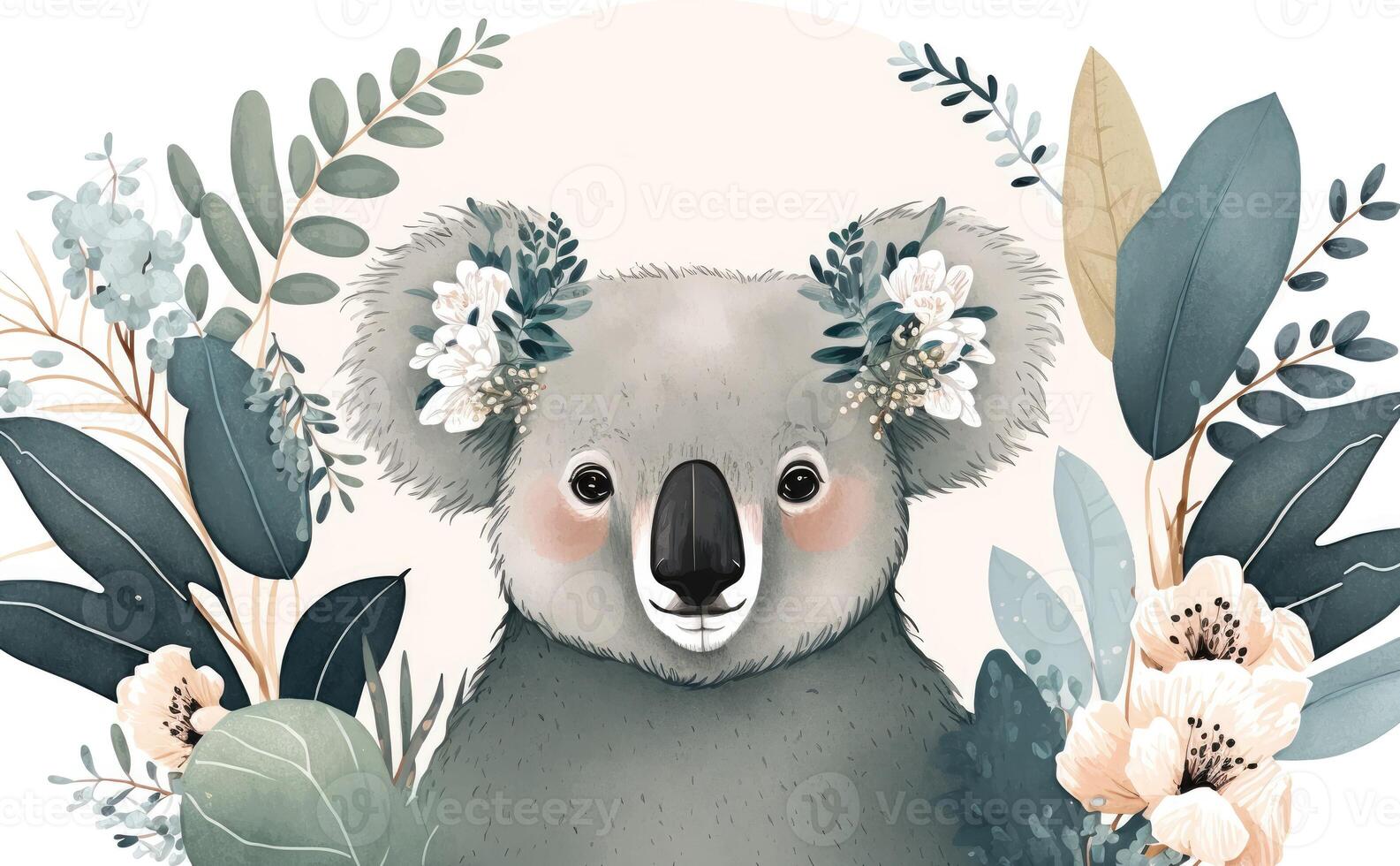 ai genererad koala ansikte tecknad serie med blommig och eukalyptus. foto