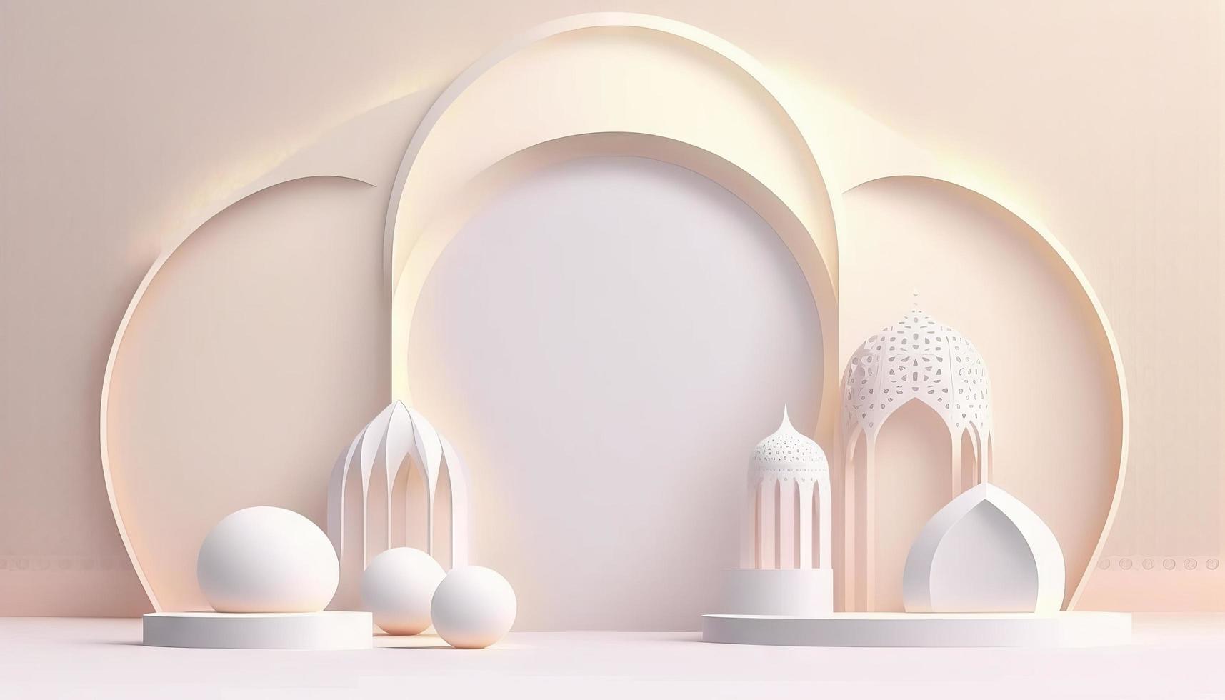 vit mjuk pastell podium islamic bakgrund. Ramadhan prydnad på vit mjuk matta bakgrund. modern abstrakt design mall foto