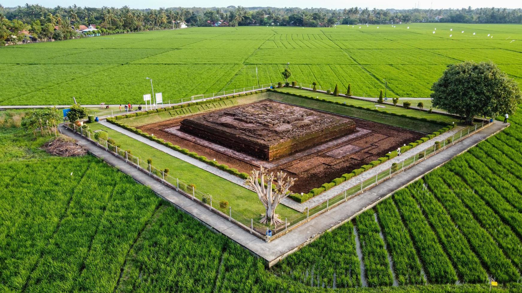 karawang, indonesien 2021 - drönare från luften av blandongan-templet vid karawang och omgiven av grönt gräs foto