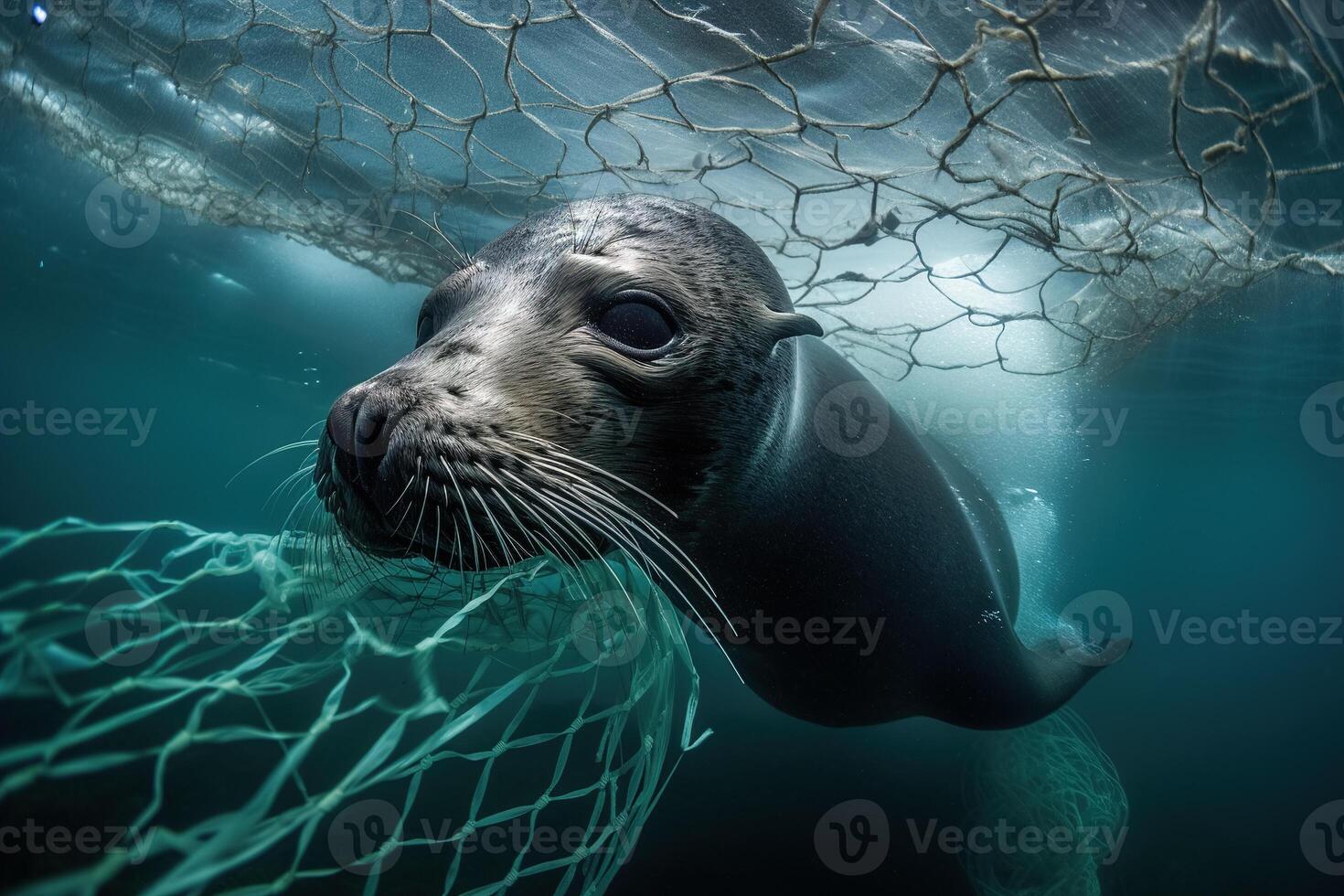 en bebis täta instängd i plast skräp flytande i de norr Stilla havet, under vattnet fotografi. de begrepp av ett ekologisk katastrof orsakade förbi plast sopor. ai genererad foto