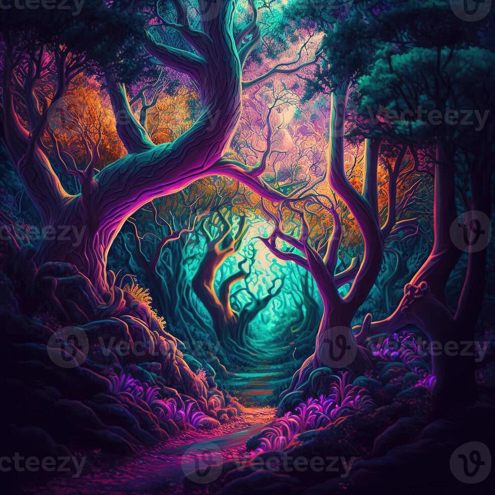 illustration psychedelic skog tillverkad med generativ ai foto