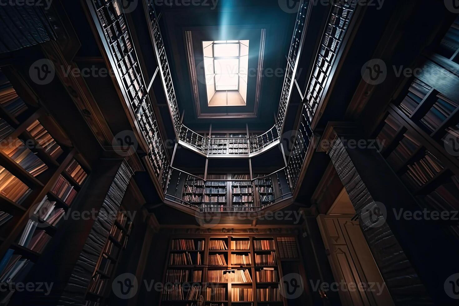 interiör av bibliotek med många bokhyllor. rader av skåp med gammal böcker i bibliotek. kunskap och utbildning. skapas med generativ ai foto