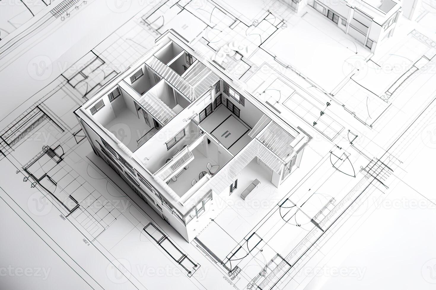 arkitektonisk planen på vit papper. teknisk projekt av levande rum. teckning för konstruktion. skapas med generativ ai foto