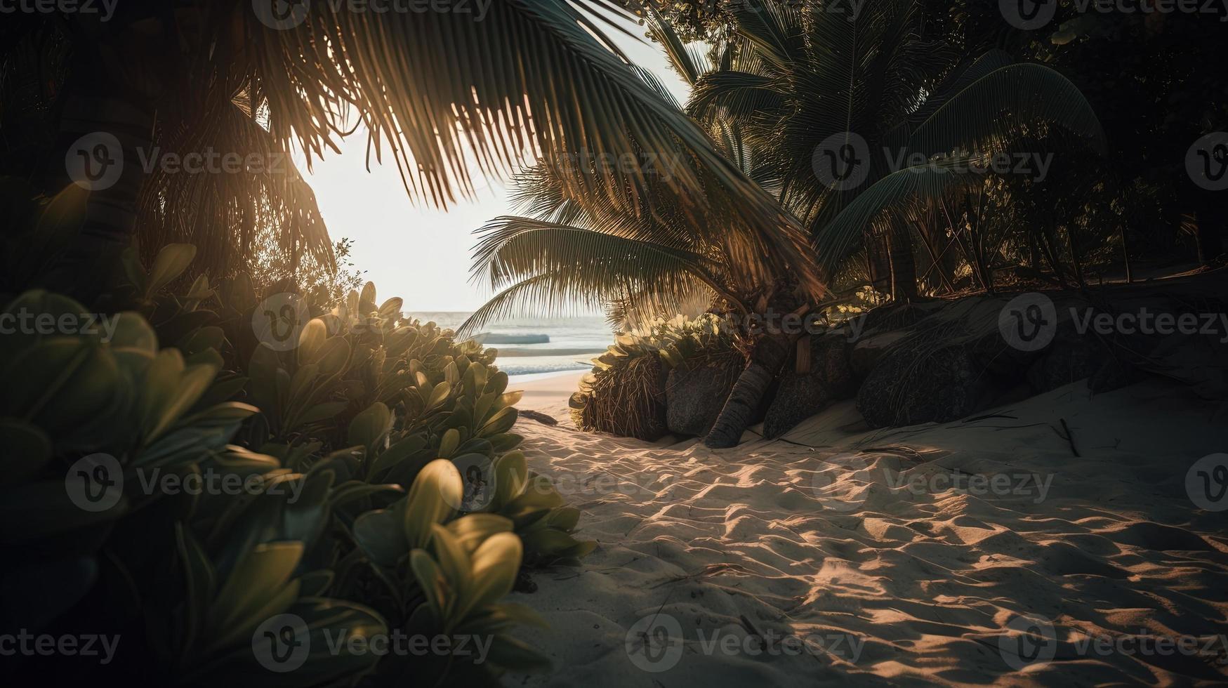 tropisk strand med handflatan träd och sand sanddyner på solnedgång, blå hav foto