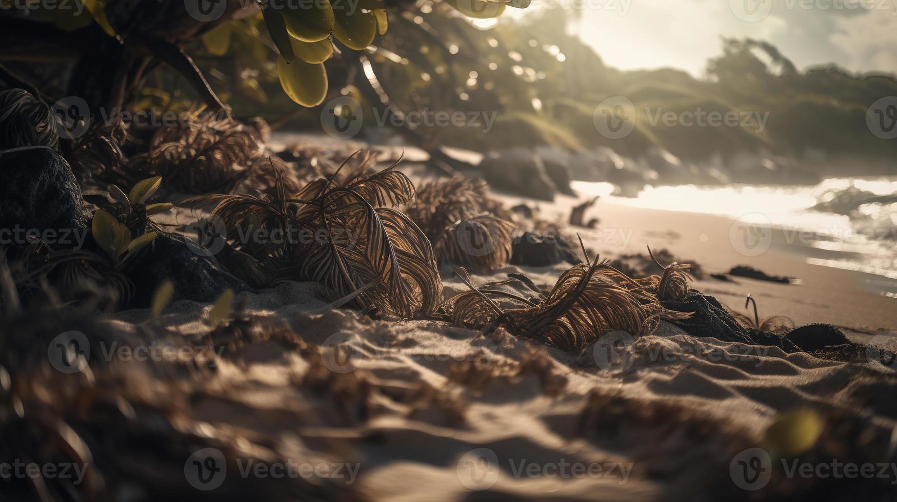 tropisk strand med handflatan träd och sand sanddyner på solnedgång, blå hav foto