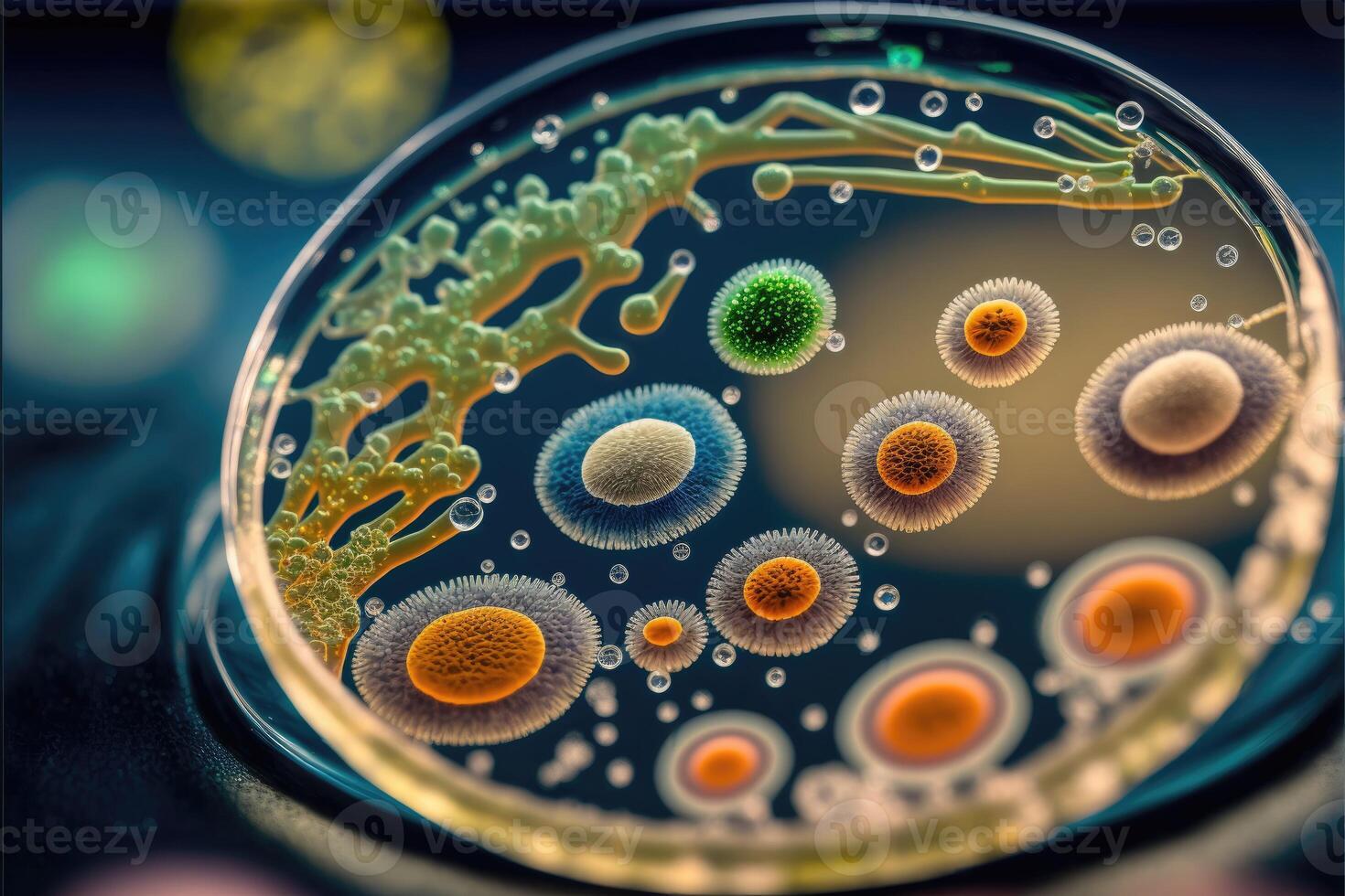 ai genererad makro stänga upp skott av bakterie och virus celler i en vetenskaplig laboratorium petri maträtt. foto