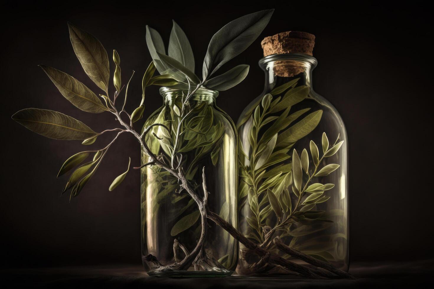 två oliv grenar i glas flaskor. illustration ai generativ foto