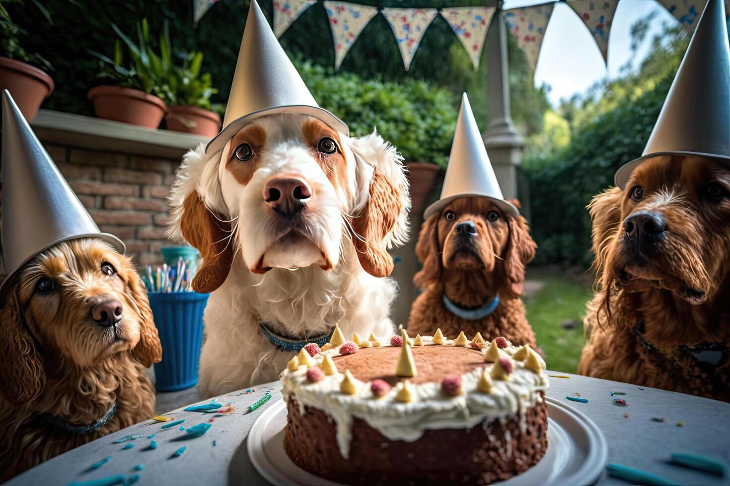 hundar i födelsedag caps sitta på fest. illustration ai generativ foto