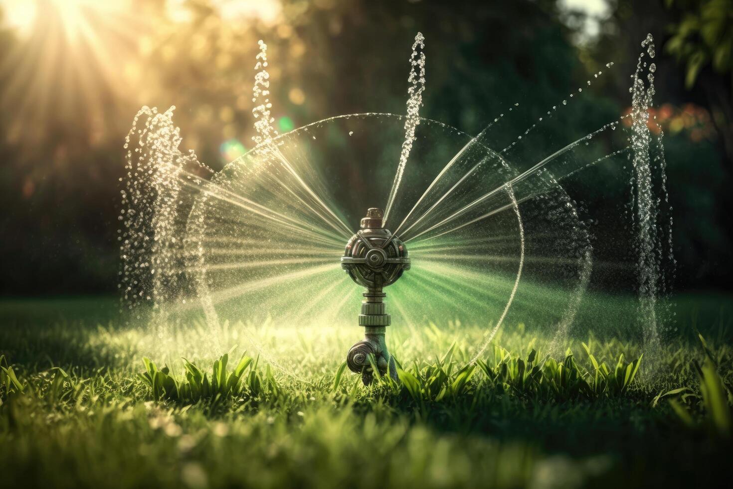 sprinkler i parkera besprutning vatten på frodig grön gräs. illustration ai generativ foto