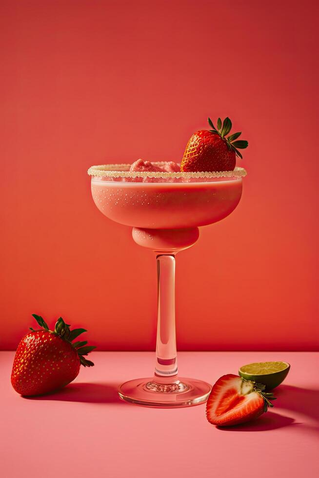 jordgubb margarita cocktail på en rosa bakgrund. illustration ai generativ foto