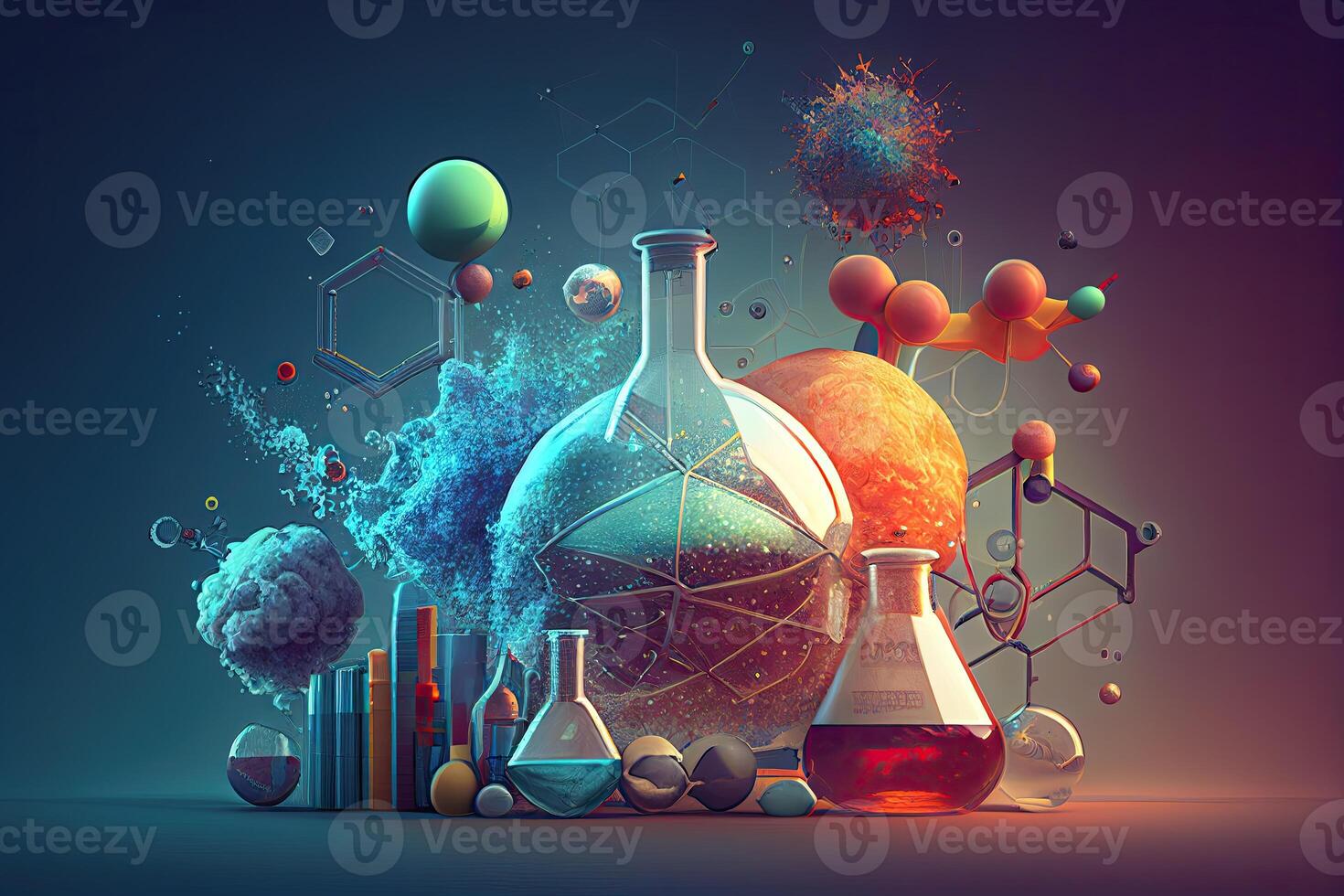 vetenskap bakgrund illustration, vetenskaplig design. flaskor, glas och kemi, fysik element. generativ ai foto