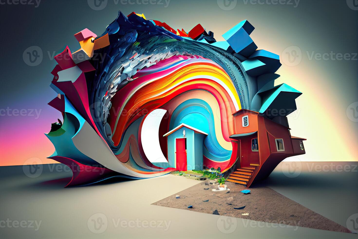 abstrakt regnbåge färgrik hus, stiga på de dörr till abstraktion generativ ai foto