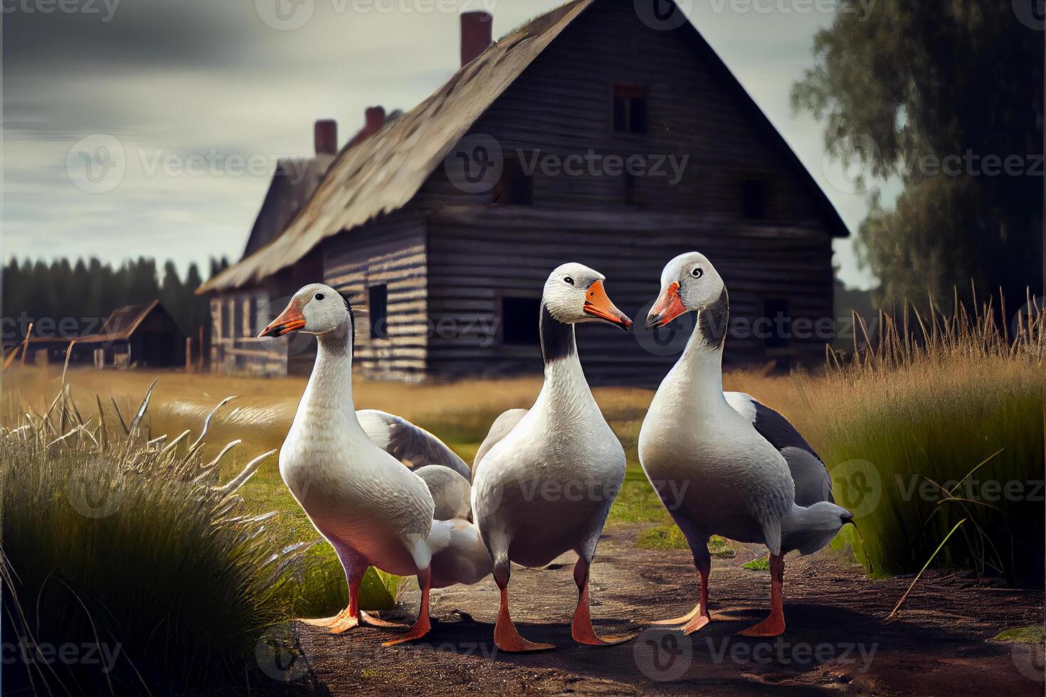 tre gäss på de odla. djur- i de landsbygden. ai genererad foto