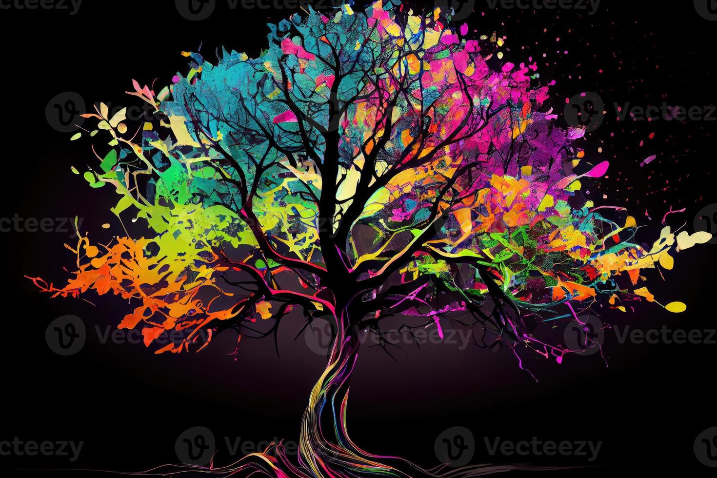träd med regnbåge Färg löv på grenar, konst och kreativitet av natur begrepp, generativ ai foto