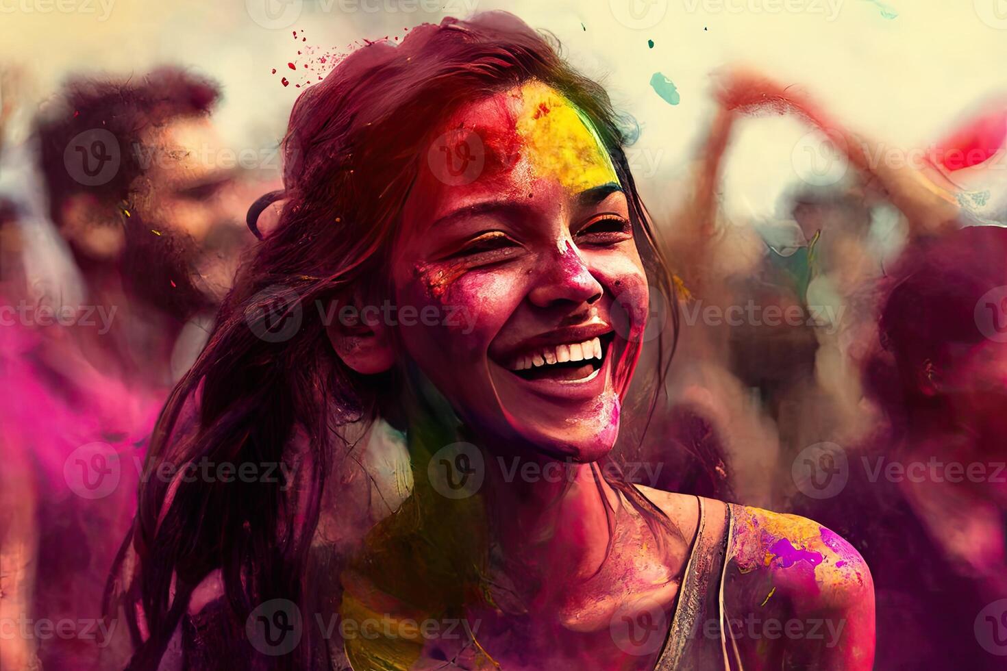 holi Semester firande bakgrund med person porträtt i lila rosa måla på ansikte, generativ ai foto