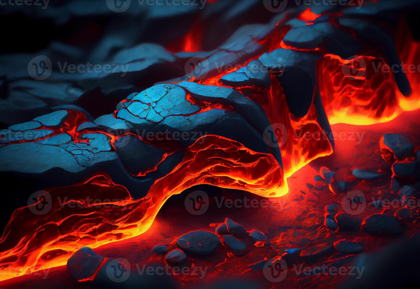 varm lava flöden på stenar. utbrott. röd magma. ai genererad foto