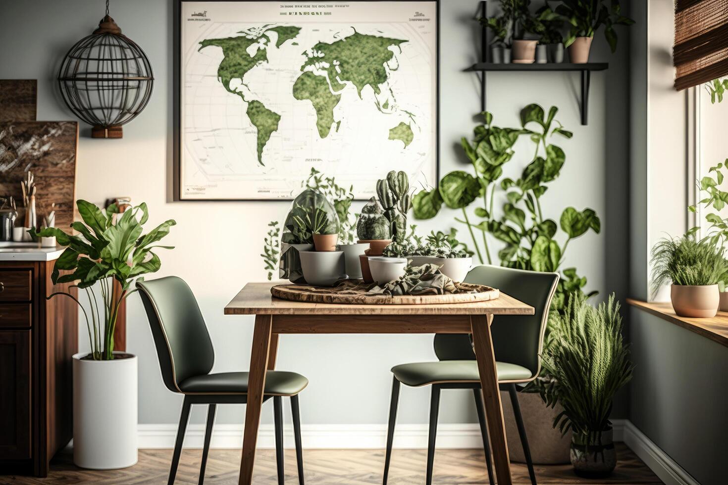 eleganta och botanik interiör av dining rum med design. illustration ai generativ foto
