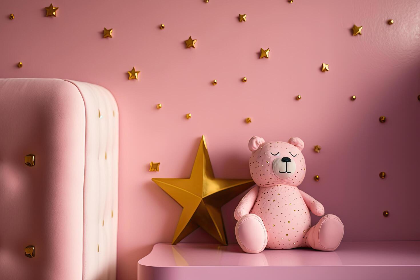 rosa vägg med guld stjärnor klistermärken och teddy Björn i de interiör. illustration ai generativ foto