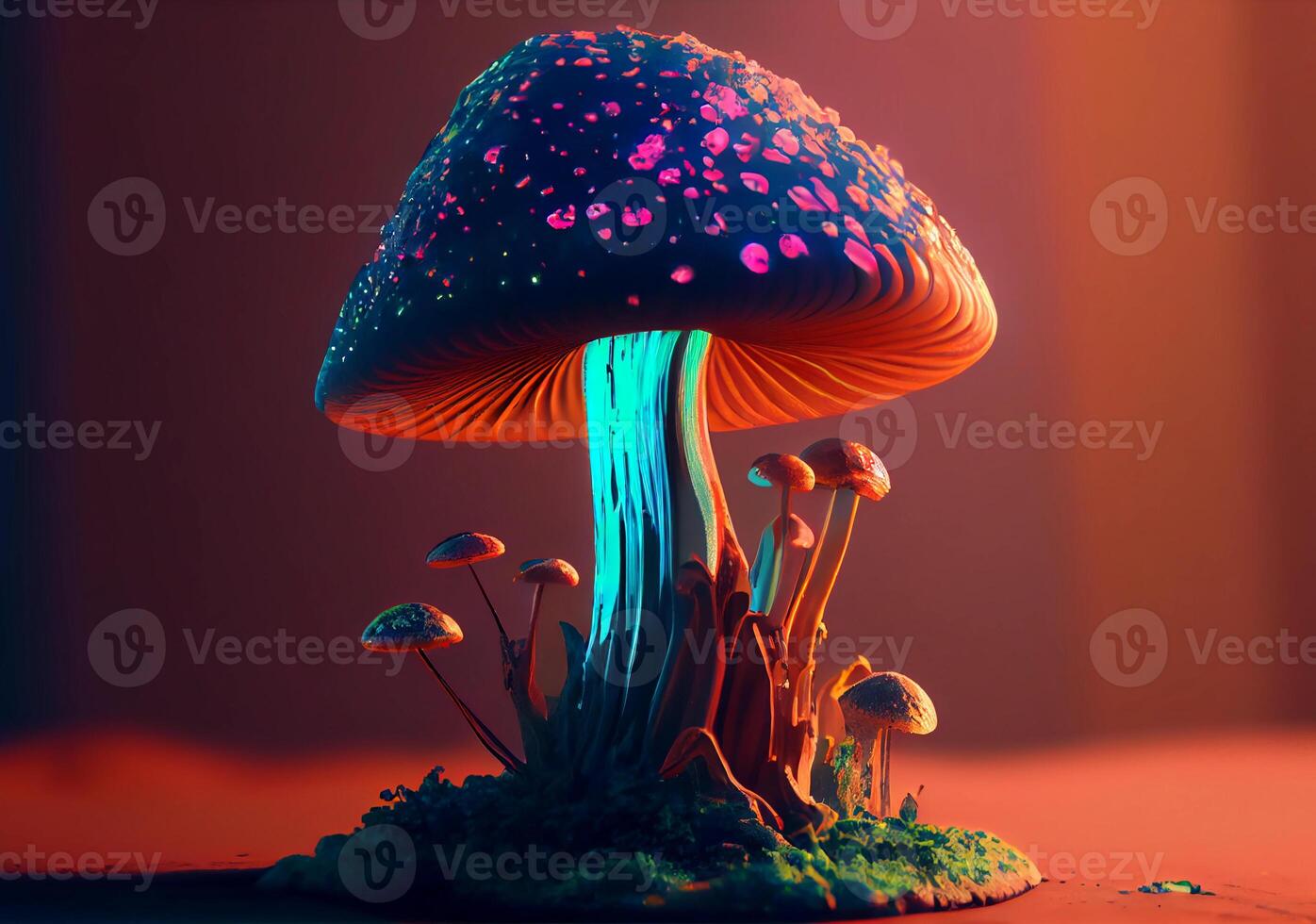 neon hallucinogena svamp på en blå bakgrund. ai genererad foto