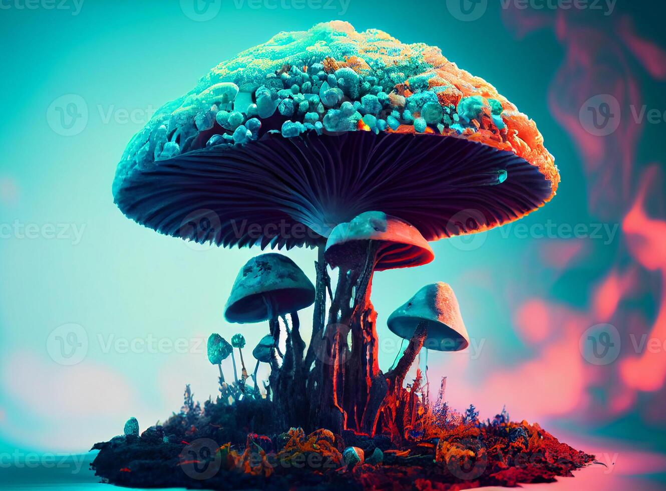 neon hallucinogena svamp på en blå bakgrund. ai genererad foto