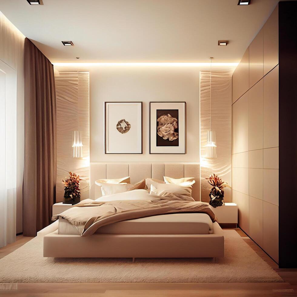 beige minimalistisk modern sovrum interiör design. generativ ai foto