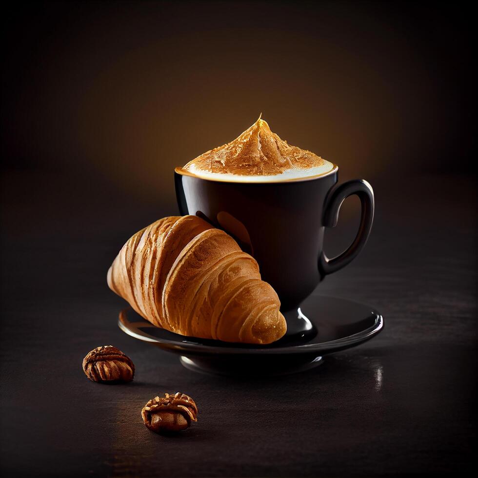 utsökt espresso kaffe vit kopp och croissant. illustration generativ ai foto