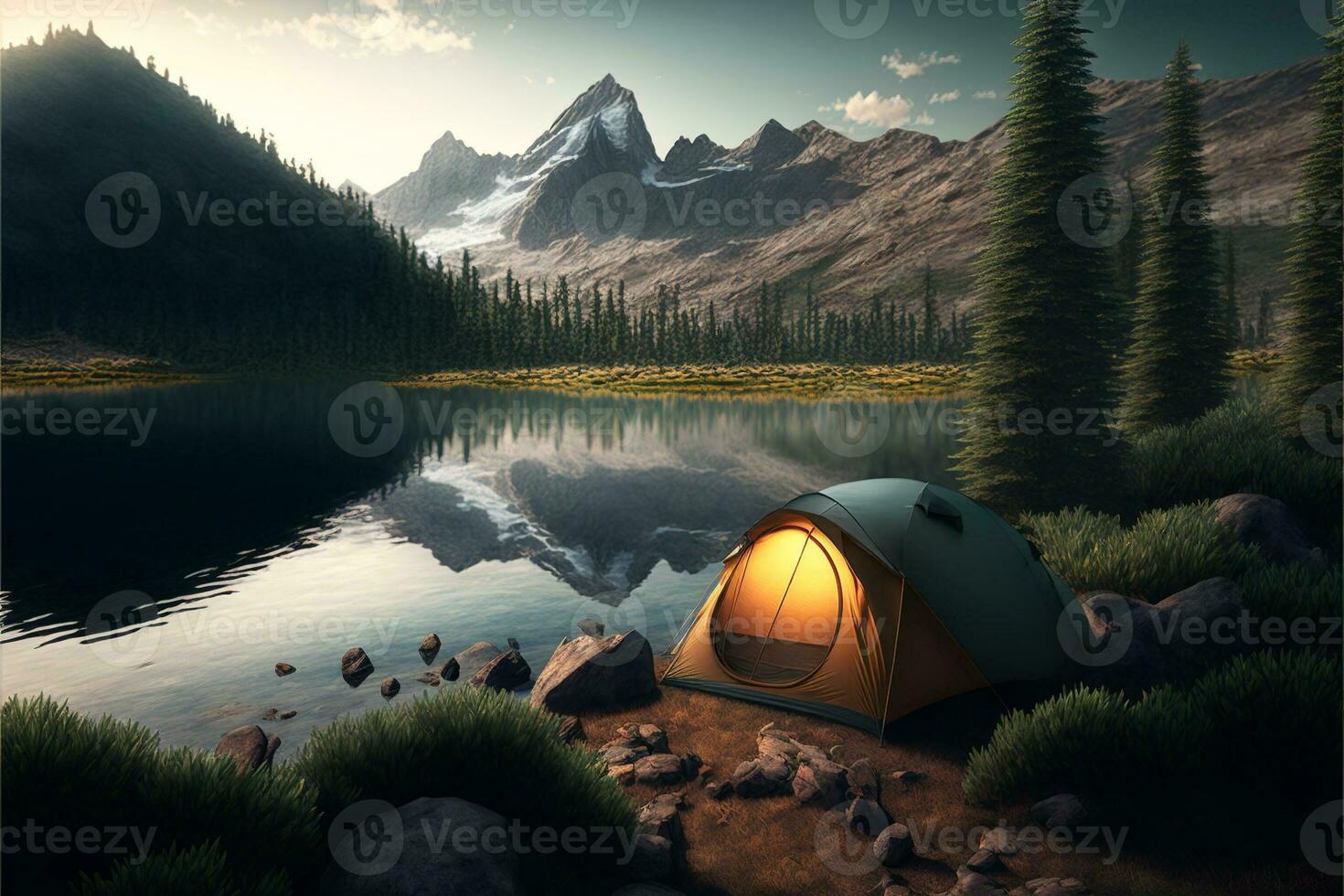 landskap med camping tält, bergen och skog i bakgrund. digital illustration. ai foto