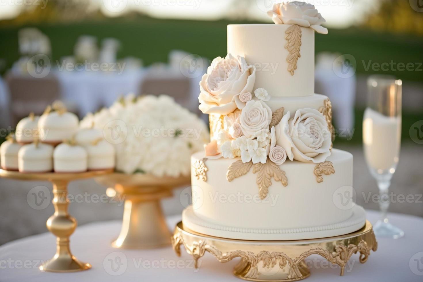 bröllop kaka med blomma detaljer på en bord vad gör bröllop kaka betyda foto
