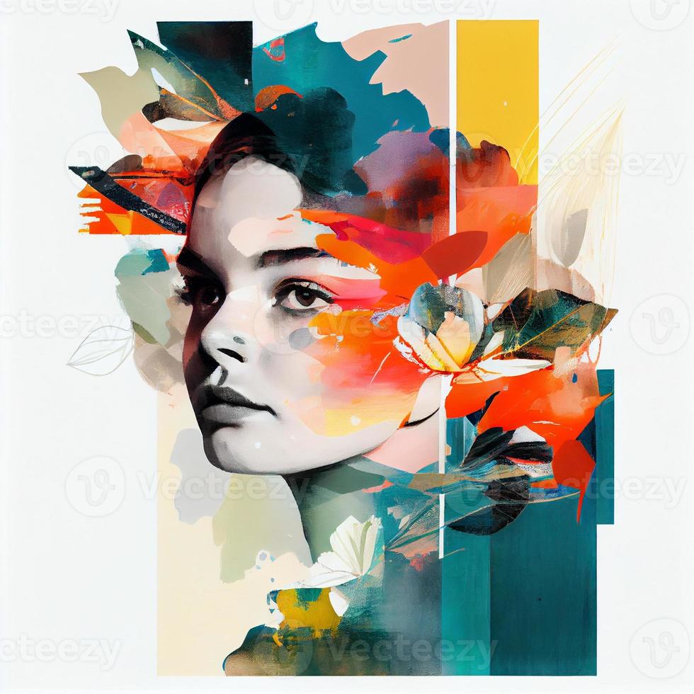porträtt av en ung kvinna med blommor. surrealism och minimalism konstverk. konst collage foto