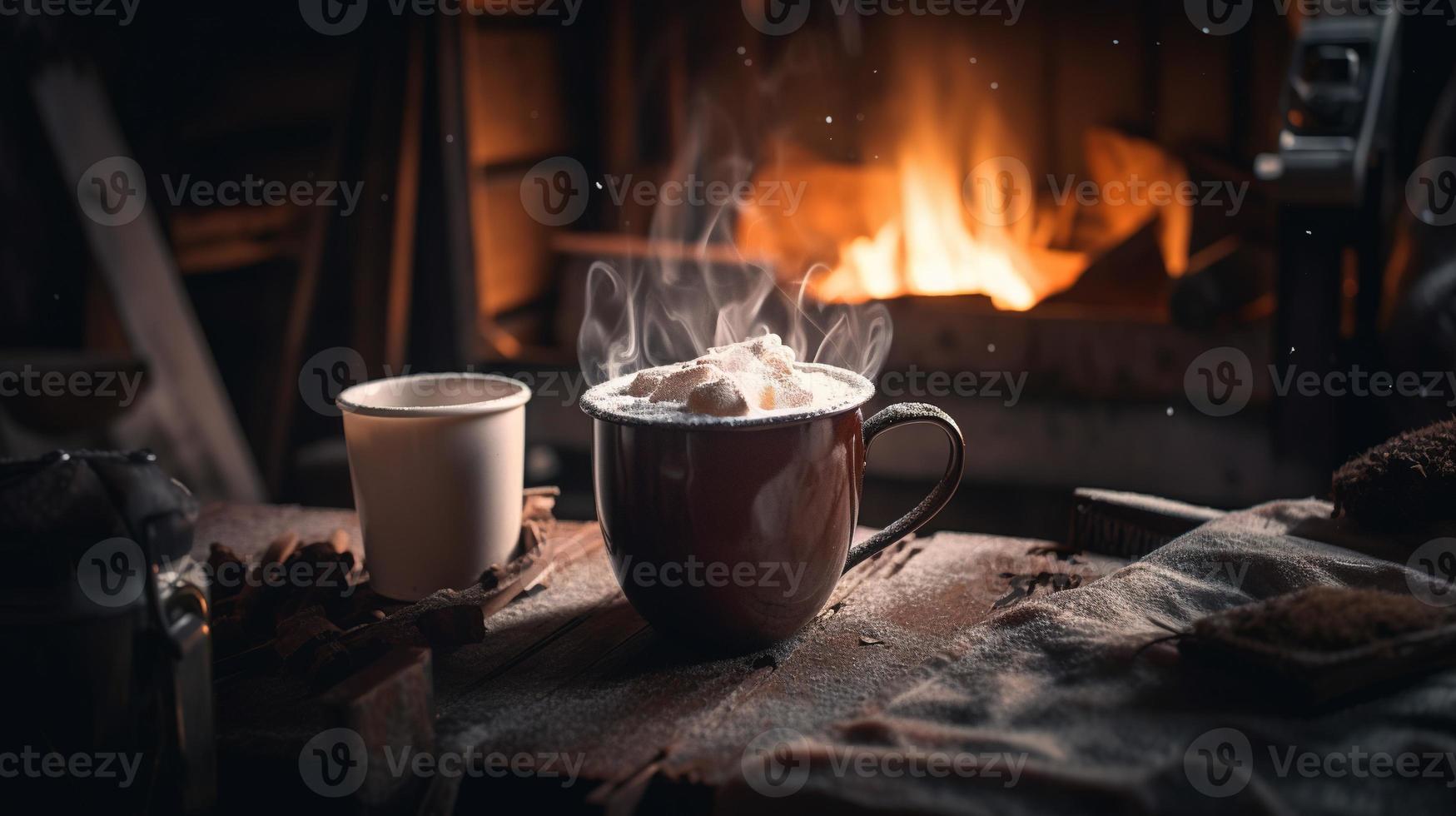 varm choklad med marshmallows i främre av en öppen spis i vinter- foto