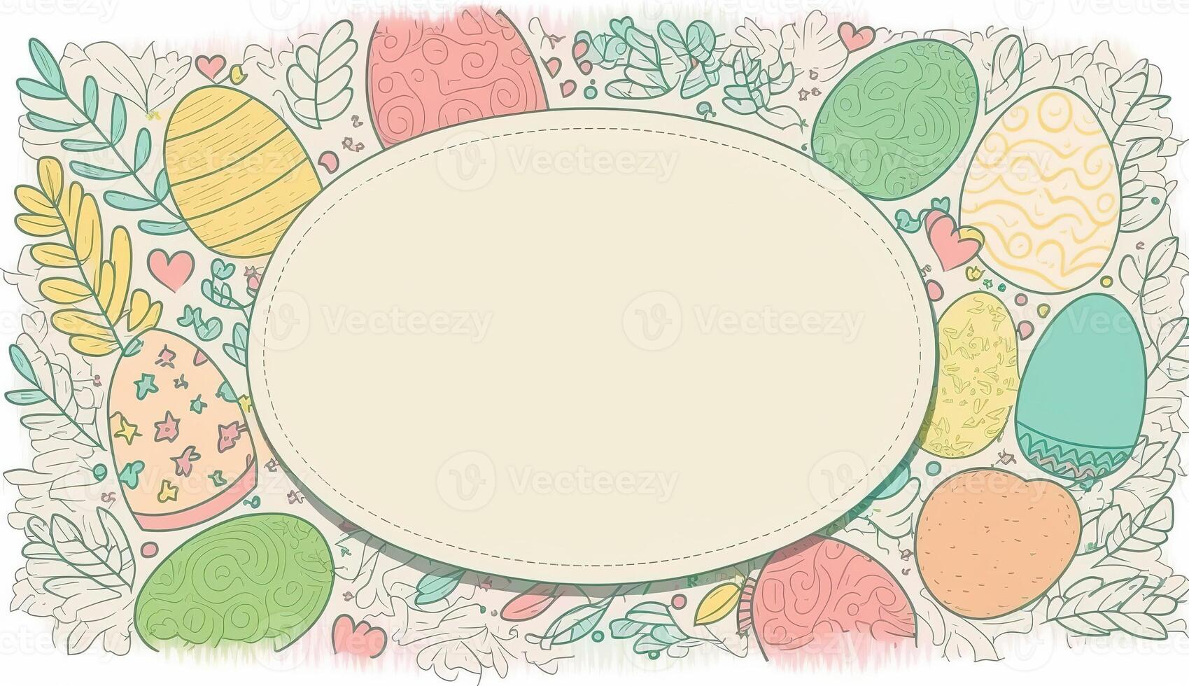 Lycklig påsk hälsning kort i klotter platt stil med ägg och minimalistisk platt Färg blommor. tömma Plats för din hälsning text. generativ ai. foto