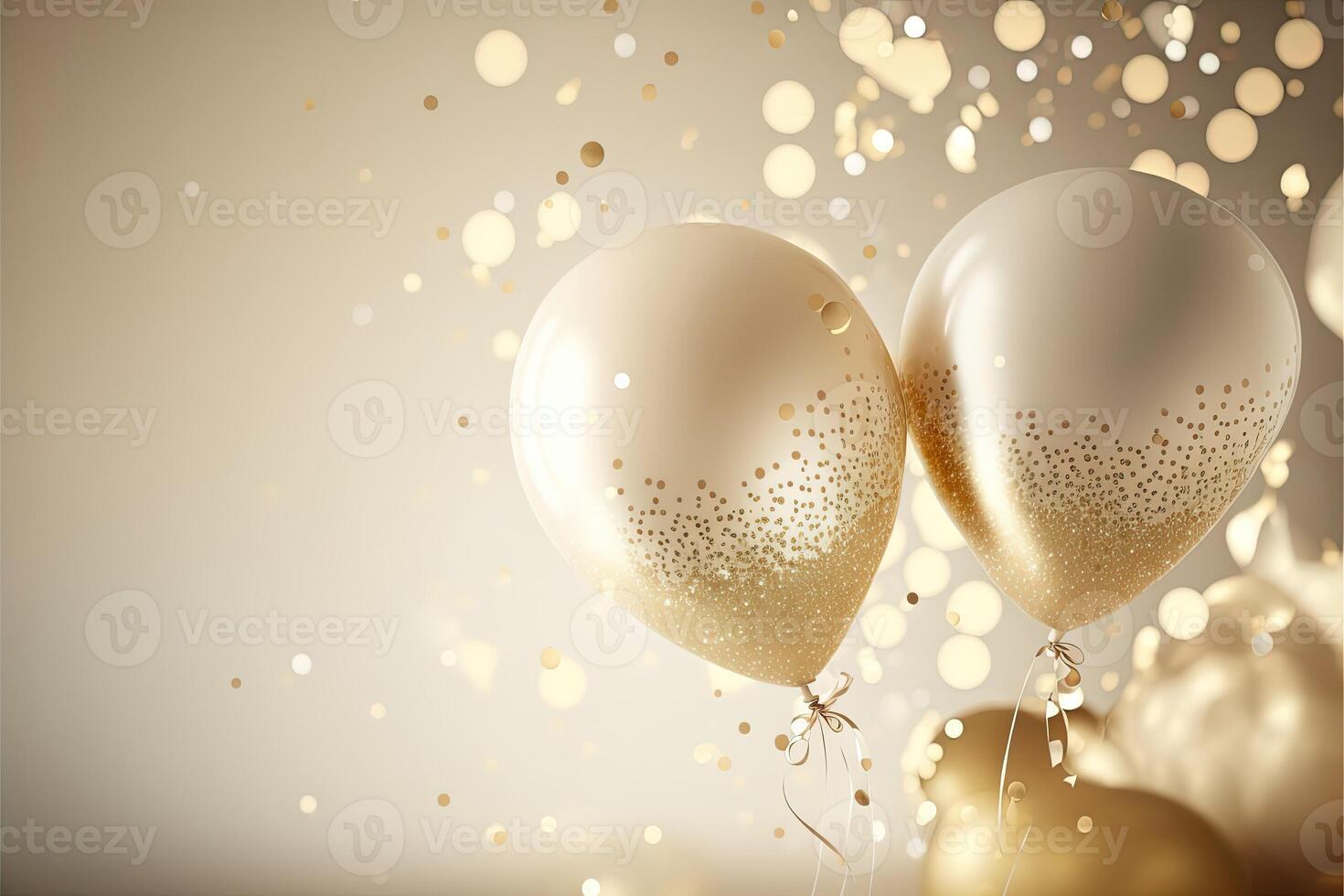 festlig lyx bakgrund med gyllene uppblåsbar ballonger, konfetti, suddig bakgrund med bokeh effekt. generativ ai foto